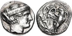 Greek ELIS, Olympia. 101st Olympiad. 376 BC. AR Stater (21.5mm, 12.04 g, 12h). Hera mint. Head of Hera right, wearing ornamented stephanos and single-pendant earring; F-A flanking neck / Eagle standin