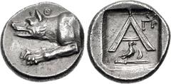 Greek ARGOLIS, Argos. Circa 270-260/50 BC. AR Triobol – Hemidrachm (14mm, 2.59 g, 9h). Forepart of wolf at bay left; Θ above / Large A; monogram to upper right; below, eagle standing right on harpa ri