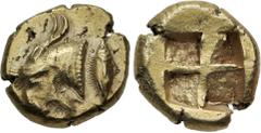 Greek MYSIA, Kyzikos. Circa 550-450 BC. EL Hekte – Sixth Stater (11.5mm, 2.66 g). Head of goat left; to right, tunny upward / Quadripartite incuse square. Von Fritze I 48; Greenwell 134; cf. Boston MF