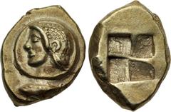 Greek MYSIA, Kyzikos. Circa 550-450 BC. EL Hekte – Sixth Stater (10mm, 2.69 g). Head of Ephebos left on diskos; below, tunny left / Quadripartite incuse square. Von Fritze I 105; Greenwell 77; Boston 