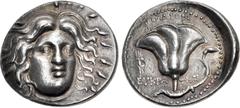 Greek ISLANDS off CARIA, Rhodos. Rhodes. Circa 229-205 BC. AR Tetradrachm (25mm, 13.47 g, 1h). Eukrates, magistrate. Radiate head of Helios facing slightly right / Rose with bud to right; POΔION above