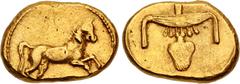 Greek EGYPT, Pharaonic Kingdom. Nektanebo II. 361-343 BC. AV Stater (18mm, 7.94 g, 12h). Horse prancing right / Hieroglyphic representation of "good gold": pectoral necklace (nebew = "gold") crossing 