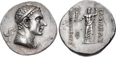 Oriental Greek BAKTRIA, Greco-Baktrian Kingdom. Agathokles Dikaios. Circa 185-175 BC. AR Tetradrachm (32mm, 16.83 g, 12h). Diademed and draped bust right / BAΣIΛEYΩΣ to right, AΓAΘOKΛEOYΣ to left, Zeu