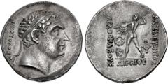 Oriental Greek BAKTRIA, Greco-Baktrian Kingdom. Agathokles Dikaios. Circa 185-175 BC. AR Tetradrachm (33mm, 16.45 g, 12h). Commemorative issue struck for Antiochos III of Syria. ANTIOXOY to right, NIK