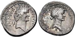 Roman Republican The Triumvirs. Mark Antony and Cleopatra. Autumn 34 BC. AR Denarius (18mm, 3.85 g, 1h). Alexandria mint(?). Bare head of Mark Antony right; Armenian tiara to left, ANTONI • ARMENIA • 