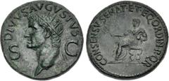 Roman Imperial Divus Augustus. Died AD 14. Æ Dupondius (29mm, 15.88 g, 6h). Rome mint. Struck under Gaius (Caligula), AD 37-41. DIVVS • AVGVSTVS, S C across field, radiate head left / CONSENSV SENAT •