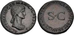 Roman Imperial Agrippina Senior. Died AD 33. Æ Sestertius (35mm, 29.68 g, 6h). Rome mint. Struck under Claudius, AD 42-43. AGRIPPINA • M • F • GERMANICI • CAESARIS, draped bust right / TI • CLAVDIVS •