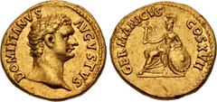 Roman Imperial Domitian. AD 81-96. AV Aureus (19mm, 7.47 g, 6h). Rome mint. Struck AD 95-96. DOMITIANVS AVGVSTVS, laureate head right / GERMANICVS COS XVII, Minerva (or Roma?), helmeted and draped, se