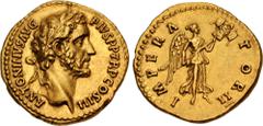 Roman Imperial Antoninus Pius. AD 138-161. AV Aureus (19mm, 7.08 g, 6h). Rome mint. Struck AD 143-144. ANTONINVS AVG PIVS P P TR P COS III, laureate head right / IMPERA TOR II, Victory, winged and dra