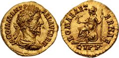 Roman Imperial Commodus. AD 177-192. AV Aureus (19.5mm, 7.31 g, 12h). Rome mint. Struck AD 189. M COMM ANT P FEL AVG BRIT, laureate, draped, and cuirassed bust right / ROMAE AET ERNAE; C V P• P• in ex