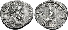 Roman Imperial Pertinax. AD 193. AR Denarius (17.5mm, 3.27 g, 12h). Rome mint. 2nd emission. IMP CAES P HELV PERTIN AVG, laureate head right / [O]PI DIVIN • TR P COS II, Ops, draped, seated left on th