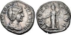 Roman Imperial Manlia Scantilla. Augusta, AD 193. AR Denarius (17mm, 2.38 g, 6h). Rome mint. Struck under Didius Julianus. MANL SCAN TILLA AVG, draped bust right / IVNO RE GINA, Juno, draped, standing