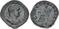 Roman Imperial Balbinus. AD 238. Æ Sestertius (30.5mm, 22.00 g, 1h). Rome mint. 1st emission, 22 April-29 July. IMP CAES D CAEL BALBINVS AVG, laureate, draped, and cuirassed bust right / CONCORDIA AVG