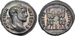 Roman Imperial Galerius. As Caesar, AD 293-305. AR Argenteus (18mm, 3.03 g, 6h). Rome mint. 1st emisison, late AD 294-early 295. MAXIMIA NVS CAES, laureate head right / VIRTVS MILITVM, the tetrarchs s