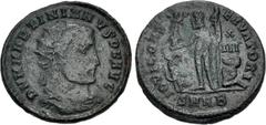Roman Imperial Martinian. Usurper, AD 324. Æ Follis (19.5mm, 2.96 g, 12h). Nicomedia mint, 2nd officina. D N M MARTINIANVS P F AVG, radiate, draped, and cuirassed bust right / IOVI CONS ERVATORI, Jupi
