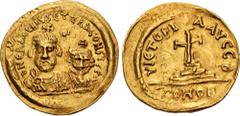 Byzantine Heraclius, with Heraclius Constantine. 610-641. AV Solidus (21.5mm, 4.38 g, 7h). Carthage(?) mint. Dated IY 2 (613/14). D N ЄRACLIVS Єτ ЄRA CONSτ PP, crowned and draped facing busts of Herac