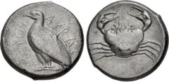 Greek SICILY, Akragas. Circa 465/0–445/0 BC. AR Tetradrachm (26mm, 17.35 g, 4h). Sea eagle standing left; AKRAC-ANTOΣ (partially retrograde) around / Crab within incuse circle. Westermark, Coinage, Pe