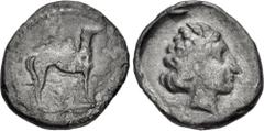 Greek SICILY, Motya. Circa 410-405 BC. AR Didrachm (22mm, 7.52 g, 12h). Hound standing right; branch below / Head of female right. Jenkins, Punic 23 (O11/R14); Campana 6 var. B/b; CNP 484; HGC 2, 927;