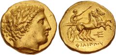 Greek KINGS of MACEDON. temp. Philip II – Alexander III. Circa 340/36-328 BC. AV Stater (18mm, 8.60 g, 7h). In the name and types of Philip II. Pella mint. Laureate head of Apollo right / Charioteer, 