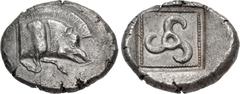 Greek DYNASTS of LYCIA. Uncertain dynast. Circa 480/70-430 BC. AR Stater (22mm, 7.77 g). Forepart of boar right / Triskeles in incuse square within incuse square. Müseler II, 22 var. (boar left); Falg