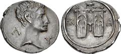 Roman Provincial LYCIAN LEAGUE. Augustus. 27 BC-AD 14. AR Drachm (19mm, 3.49 g, 12h). Masicytus mint. Struck circa 27-20 BC. Bare head right / Two citharas, with plectrum above and between. Troxell, L