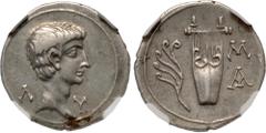 Roman Provincial LYCIAN LEAGUE. Augustus. 27 BC-AD 14. AR Drachm (19.5mm, 12h). Masicytus mint. Struck circa 27-19/8 BC. Bare head right / Citharta; apluster to left, M/A to right. Troxell, Lycia 116 