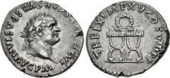 Roman Imperial Titus. AD 79-81. AR Denarius (18mm, 3.58 g, 6h). Rome mint. Struck 1 January-30 June AD 80. IMP TITVS CAES VESPASIAN AVG P M, laureate head right / TR P IX IMP XV COS VIII P P, pulvinar