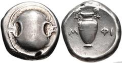 BOEOTIA, Thebes. Circa 395-338 BC. AR Stater (20mm, 11.10 g). Amphi-, magistrate. Boeotian shield / Amphora; [A]M-ΦI across field. Hepworth 2; BCD Boiotia 513; SNG Copenhagen 348. VF, lightly toned. F
