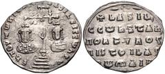 Basil II Bulgaroktonos, with Constantine VIII. 976-1025. AR Miliaresion (22mm, 2.23 g, 12h). Constantinople mint. Struck 977-989. Cross crosslet with central X set globus on four steps, between crowne