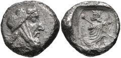 LYDIA, Sardes. Tiribazos. Circa 335 BC. AR Hemidrachm (12mm, 1.96 g, 12h). Head of Satrap right, wearing Persian headdress / Persian king crouching right, drawing bow. Traité II 53 (Tissaphernes); Bab