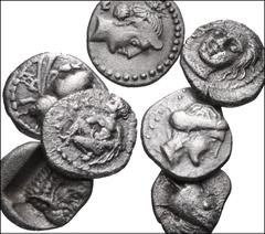 GREEK. Asia Minor. Lot of Seven (7) AR from Mysia to Cilicia. Includes: MYSIA, Kyzikos. AR Obol // IONIA, Ephesos. AR Diobol // CILICA, Nagidos. AR Obol (2) // CILICA, Tarsos. AR Obol // CILICA, Tarso