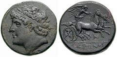 SICILY, Syracuse. Hieron II Estimate $3000 SICILY, Syracuse. Hieron II . 275-215 BC. Æ 34mm (36.41 gm). Diademed head of Hieron II left / IERWNOS in exergue, Nike driving galloping biga right; N below