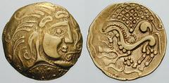 CELTIC, Gaul. The Parisii Estimate $15000 CELTIC, Gaul. The Parisii. Circa 70-60 BC. AV Stater (6.85 gm). Class V. Stylized head of Apollo right; double volute before, club under chin, zig-zag line wi