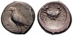 SICILY, Akragas Estimate $1250 SICILY, Akragas. Circa 510-480 BC. AR Didrachm (8.76 gm). AKPA, eagle standing left / Crab. Jenkins, The Coinage of Gela, Group III; SNG ANS 939ff. Toned, good VF. ($125