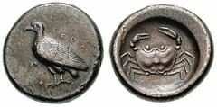 SICILY, Akragas Estimate $1000 SICILY, Akragas. Circa 510-480 BC. AR Didrachm (8.62 gm). AKPA, eagle standing left / Crab. Jenkins, The Coinage of Gela, Group III; SNG ANS 939ff. Toned VF/Good VF. ($1