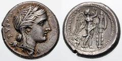 SICILY, Syracuse. Agathokles Estimate $750 SICILY, Syracuse. Agathokles. 317-289 BC. AR Tetradrachm (16.42 gm). Circa 305-295 BC. KORAS, wreathed head of Kore right, wearing single-pendant earring and