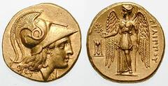 MACEDON, Kings of. Philip III Estimate $2000 MACEDON, Kings of. Philip III. 323-317 BC. AV Stater (8.56 gm). Kolophon mint. Helmeted head of Athena right; serpent on helmet / FILIPPOU right, Nike stan