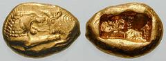 LYDIA, Kingdom Of. Kroisos Estimate $4000 LYDIA, Kingdom Of. Kroisos. Circa 561-546 BC. AV Stater (8.01 gm). Light Series. Confronted foreparts of lion facing right and bull facing left, both with str