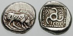 LYCIA, Dynasts of. Kuprilli. Estimate $1500 LYCIA, Dynasts of. Kuprilli. Circa 470-440 BC. AR Stater (9.63 gm). Wild boar standing right, head lowered; IWMO on its side, P below / KOP-RL-E (retrograde