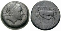 SYRIA, Seleukid Kings. Antiochos III Estimate $300 SYRIA, Seleukid Kings. Antiochos III. 223-187 BC. Æ 30mm (27.14 gm). Ekbatana mint. Diademed head right / BASILEWS above, ANTIOXOY below, mare standi