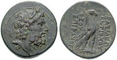 SYRIA, Seleukid Kings. Antiochos IV Estimate $300 SYRIA, Seleukid Kings. Antiochos IV. 175-164 BC. Æ 34mm (38.40 gm). Antioch mint. Laureate head of Zeus right / BASILEWS ANTIOXOY right, QEOU EPIFANOU