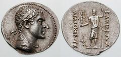 BAKTRIA, Graeco-Baktrian Kings. Agathokles Estimate $2000 BAKTRIA, Graeco-Baktrian Kings. Agathokles. Circa 185-170 BC. AR Tetradrachm (16.89 gm). Diademed and draped bust right / BASILEWS right, AGAQ