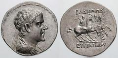 BAKTRIA, Graeco-Baktrian Kings. Eukratides I Estimate $3000 BAKTRIA, Graeco-Baktrian Kings. Eukratides I. Circa 171-145 BC. AR Tetradrachm (16.98 gm). Diademed and draped bust right / BASILEWS above, 