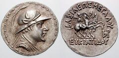 BAKTRIA, Graeco-Baktrian Kings. Eukratides I Estimate $500 BAKTRIA, Graeco-Baktrian Kings. Eukratides I. Circa 171-145 BC. AR Tetradrachm (16.98 gm). Helmeted, draped and diademed bust right / BASILEW