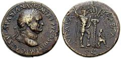 VESPASIAN Estimate $500 VESPASIAN. 69-79 AD. Æ Sestertius (28.11 gm). "Judaea Capta" issue. Struck 72 AD. Lugdunum mint. IMP CAES VESPASIAN AVG P M TR P P P COS IIII, laureate head right, globe at poi