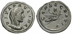 DIVA PAULINA Estimate $1000 DIVA PAULINA, wife of Maximinus I. 235-238 AD. AR Denarius (2.73 gm). DIVA PAVLINA, veiled and draped bust right / CONSECRATIO, Paulina, holding sceptre and raising hand, s