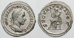 GORDIAN I Estimate $2500 GORDIAN I. 238 AD. AR Denarius (2.85 gm). IMP M ANT GORDIANVS AFR AVG, laureate, draped and cuirassed bust right, seen from behind / SECVR-ITAS AVGG, Securitas seated left, ho