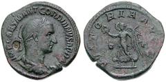 GORDIAN I Estimate $1000 GORDIAN I. 238 AD. Æ Sestertius (17.80 gm). IMP CAES M ANT GORDIANVS AFR AVG, laureate, draped and cuirassed bust right, seen from behind; counterstamp: crowned C / VICTORIA A