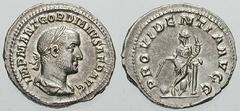 GORDIAN II Estimate $2000 GORDIAN II. 238 AD. AR Denarius (3.30 gm). IMP M ANT GORDIANVS AFR AVG, laureate, draped and cuirassed bust right, seen from behind / PROVIDENTIA AVGG, Providentia standing l