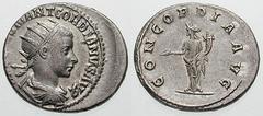 GORDIAN III Estimate $200 GORDIAN III. 238-244 AD. AR Antoninianus (5.52 gm). Antioch mint. [IMP CAE]S M ANT GORDIANVS AVG, radiate, draped and cuirassed bust right, seen from behind / CONCORDIA AVG, 